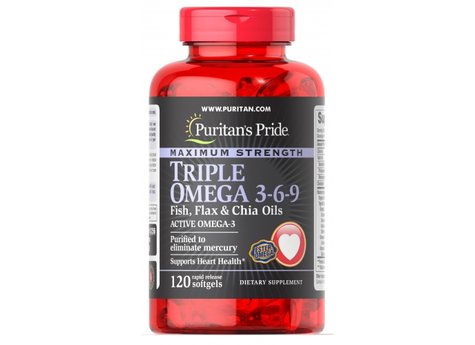 Puritans Pride Maximum Strength Triple Omega 3-6-9 Fish Flax and Chia Oils 120 Softgels